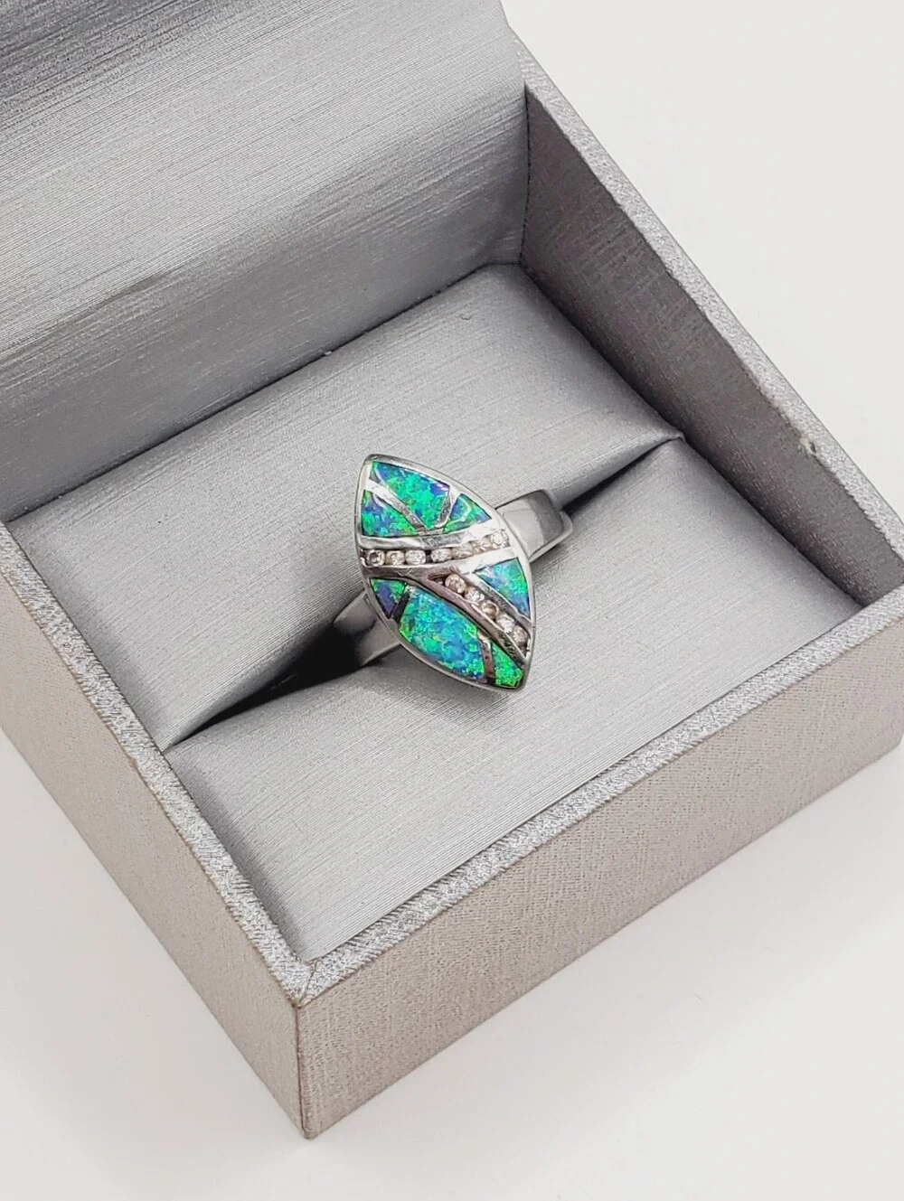 925 Sterling Silver Blue-Green Opal Marquise Ring